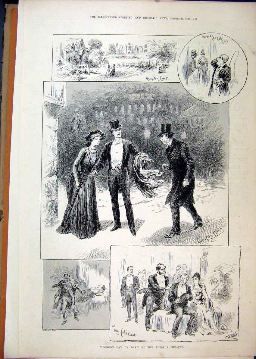 Original Old Antique Print 1889 London Day Adelphi Theatre Scenes Hampton Court
