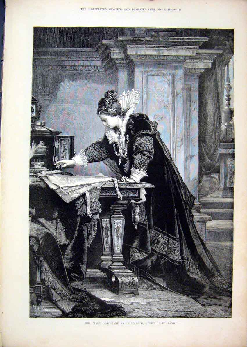 Original Old Antique Print 1875 Mary Gladstane Elizabeth Queen England Theatre