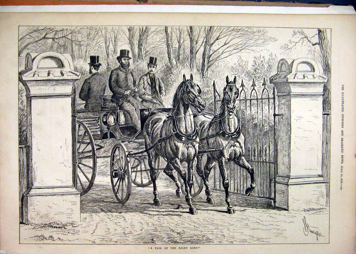 Original Old Antique Print Horses Coach 1878 Gate Garden Country 19th