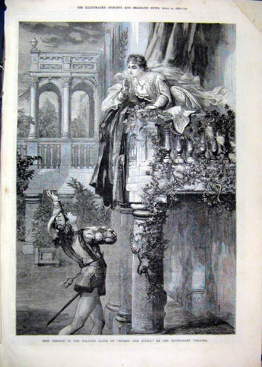 Old Antique Print Balcony Scene 1878 Romeo Juliet Haymarket Theatre Love 19th