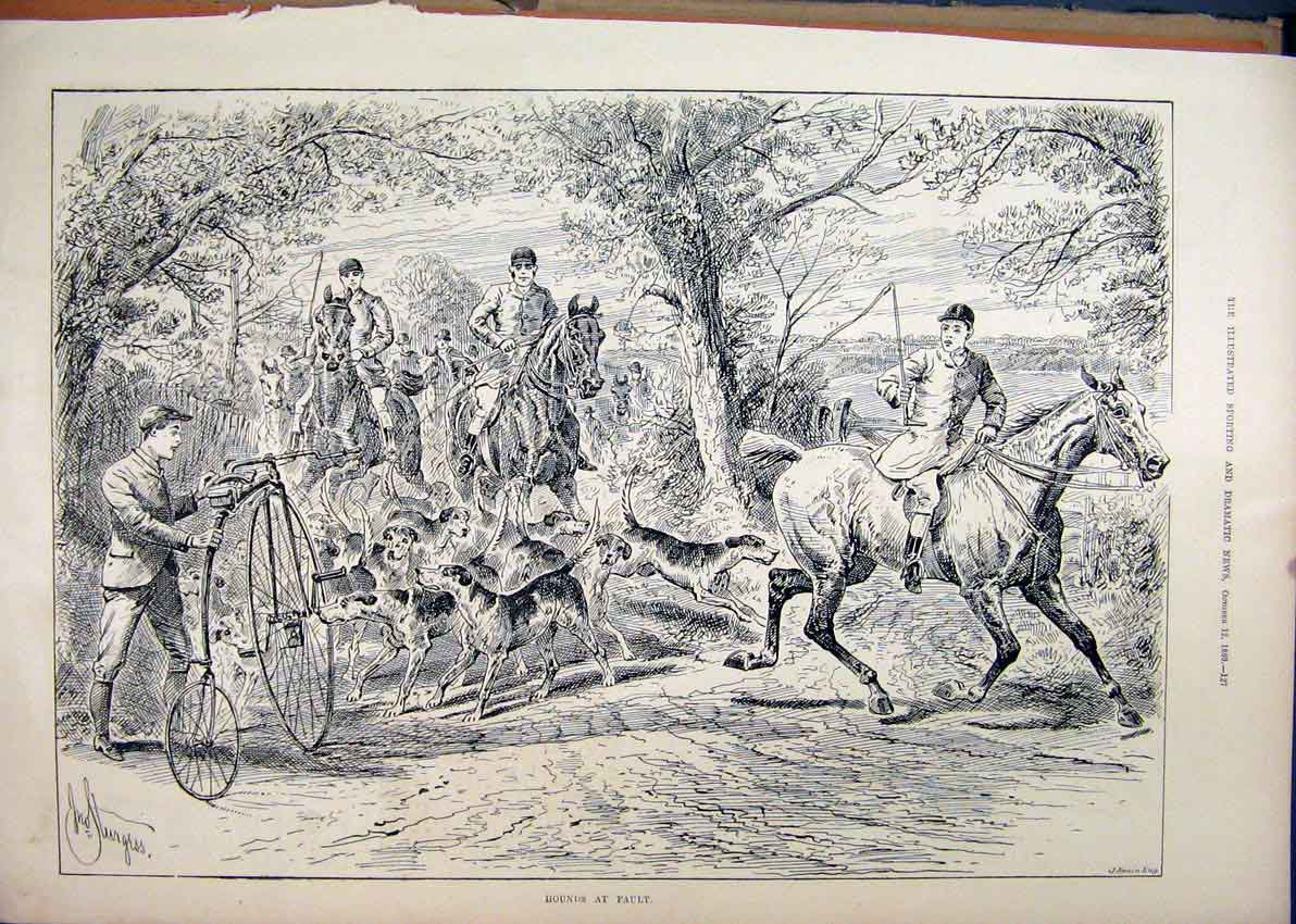 Old Antique Print 1889 Horse Hounds Dogs Man Bicycle Hunting Country Lane 19th