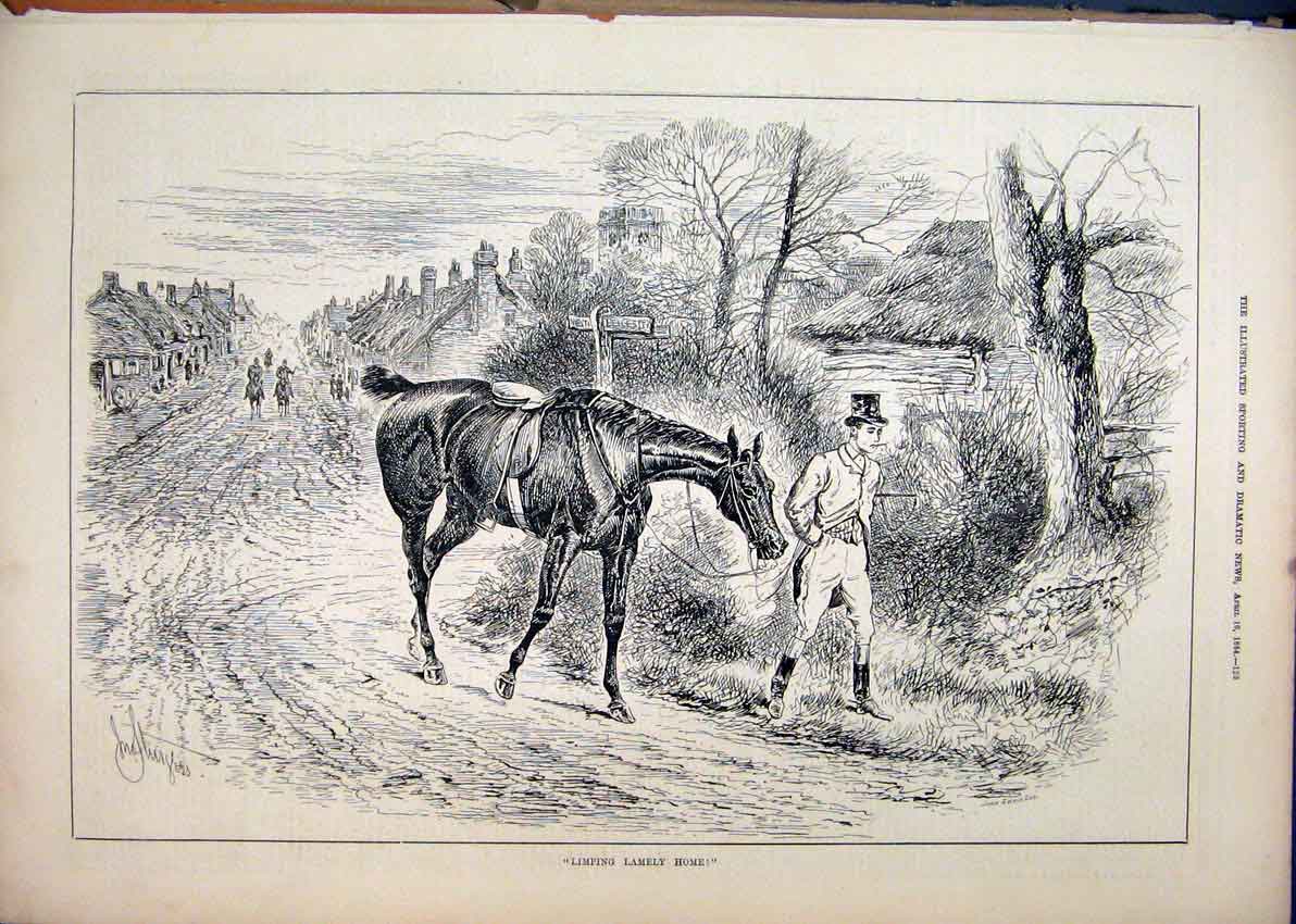 Original Old Antique Print Limping Horse 1884 Rider Leading Country Lane 19th