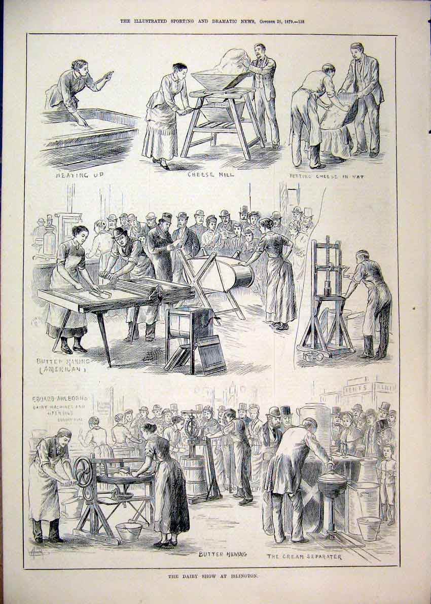 Original Old Antique Print 1879 Dairy Show Islington Cheese Mill Cream Butter
