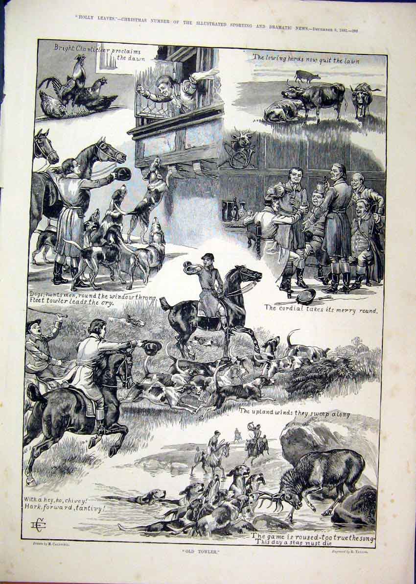 Original Old Antique Print Stag Hunting 1885 Horses Hounds Drinking Towler 19th