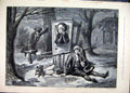 Original Old Antique Print 1885 Woman Stranded Snow Men Resting Dog Snow Scene