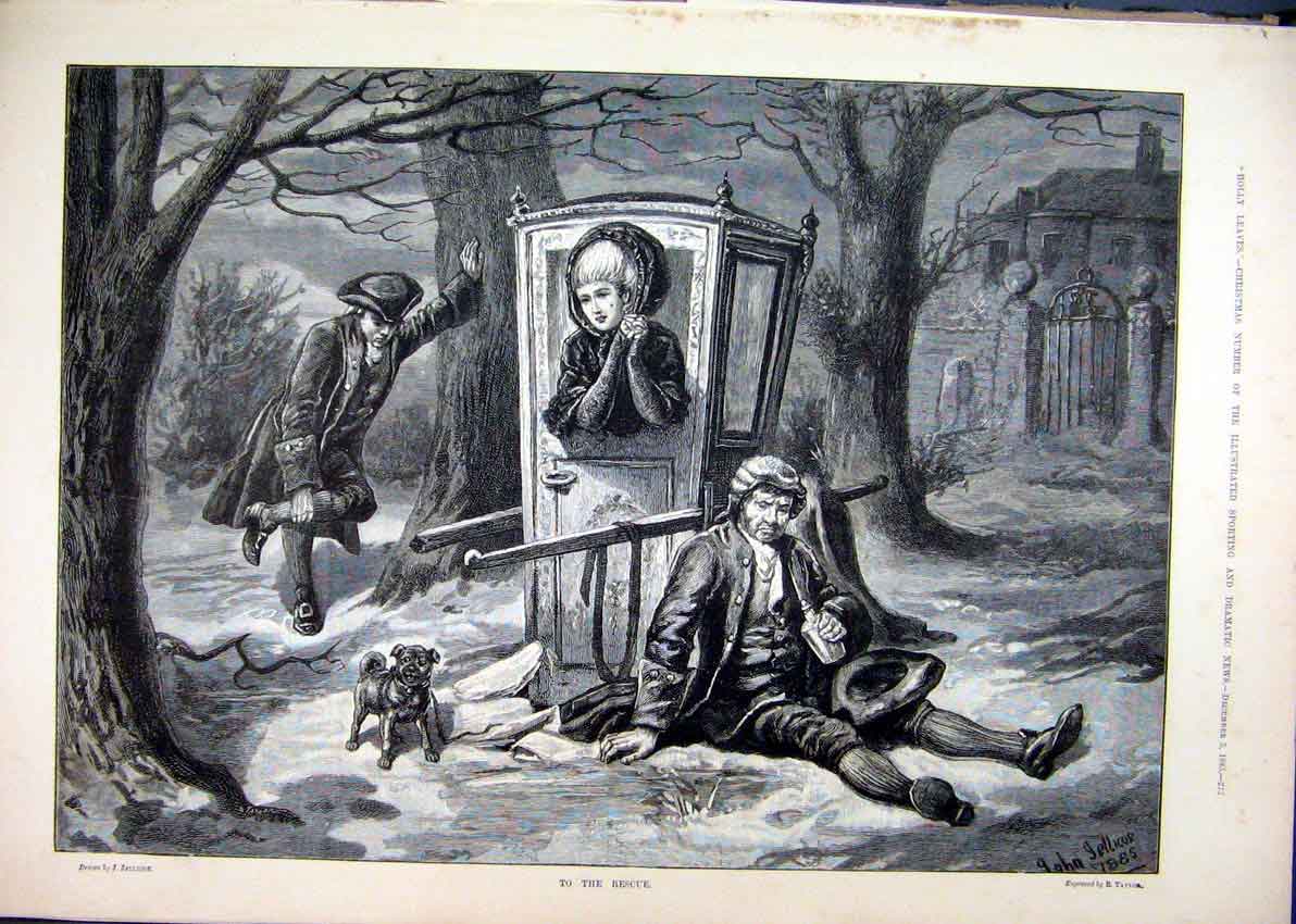 Original Old Antique Print 1885 Woman Stranded Snow Men Resting Dog Snow Scene