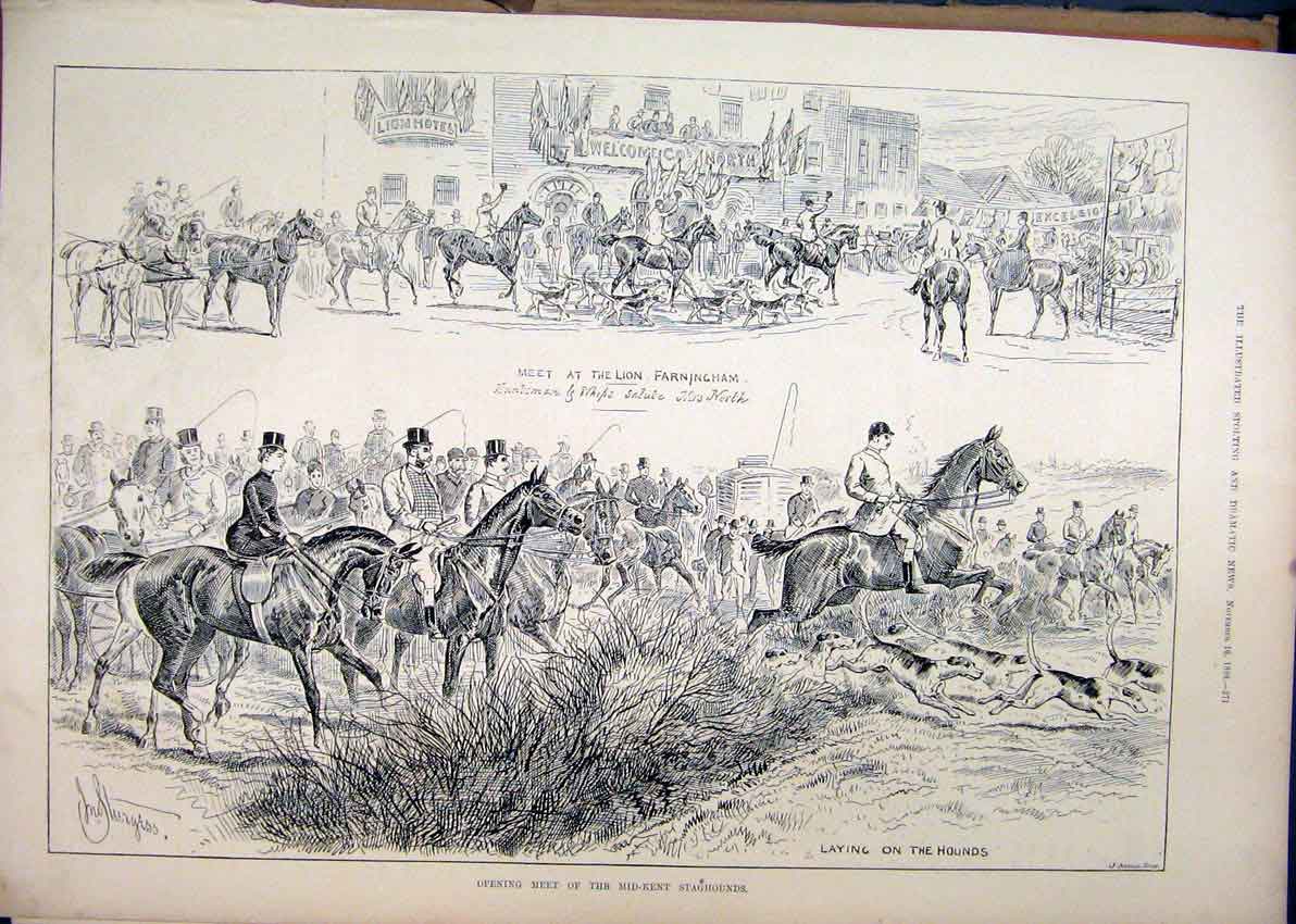 Original Old Antique Print Meet Mid-Kent Staghounds 1889 Lion Farningham Horses