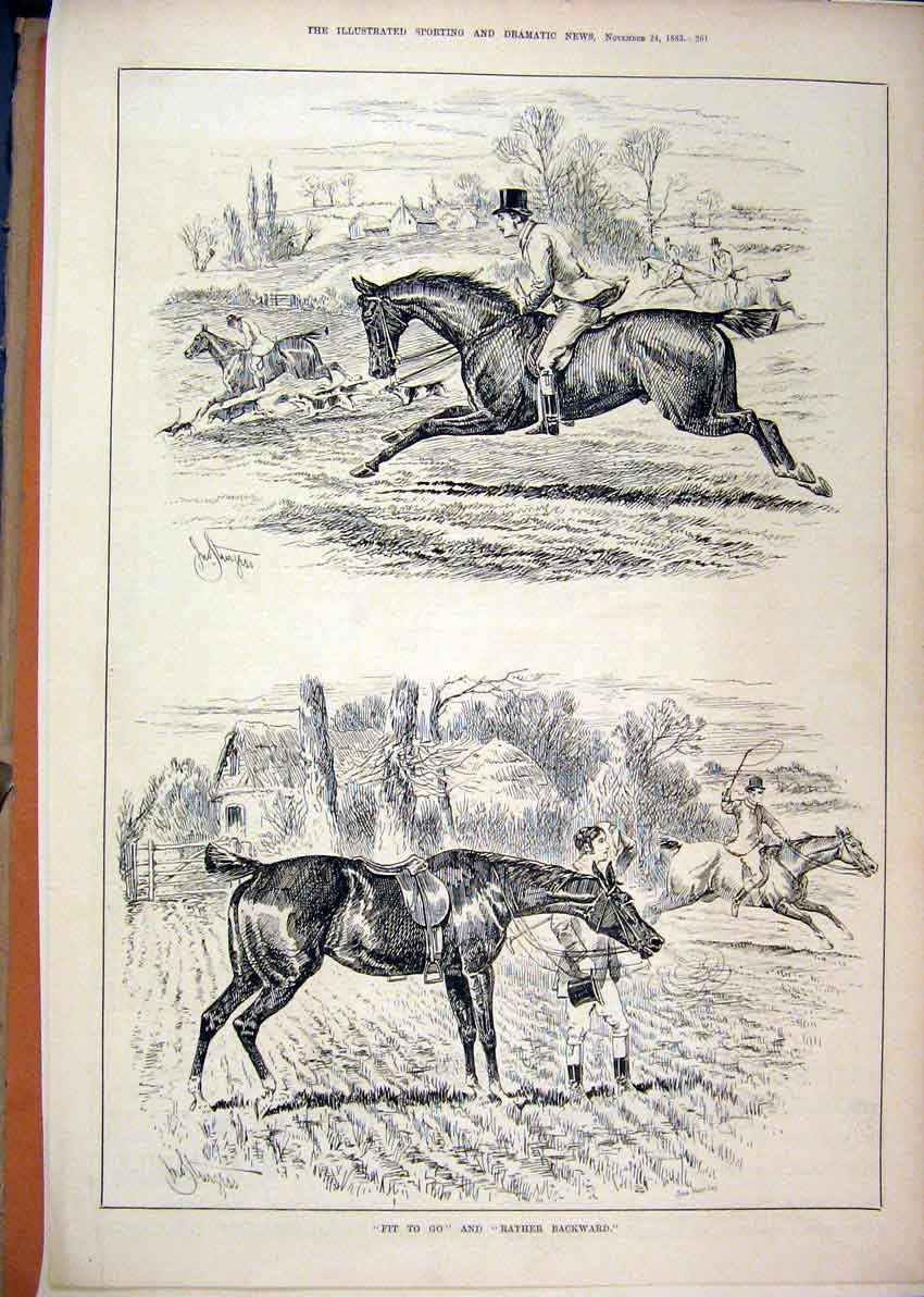 Original Old Antique Print 1883 Hunting Hounds Horses Men Country Scene 19th