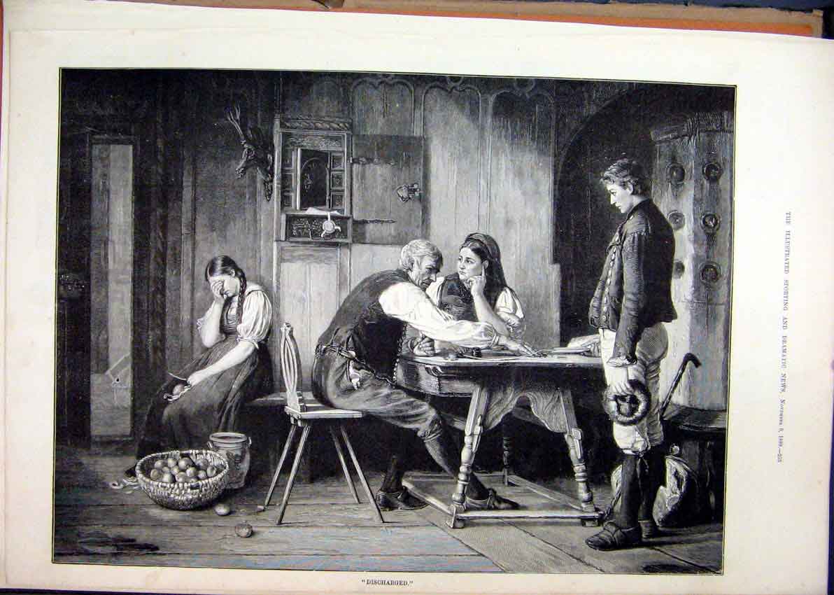 Original Old Antique Print 1889 Woman Crying Onion Basket Money Table Victorian