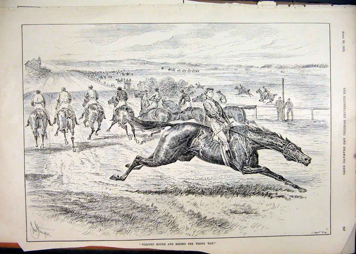 Original Old Antique Print 1892 Horse Racing Wrong Way Race-Course Jockey 19th