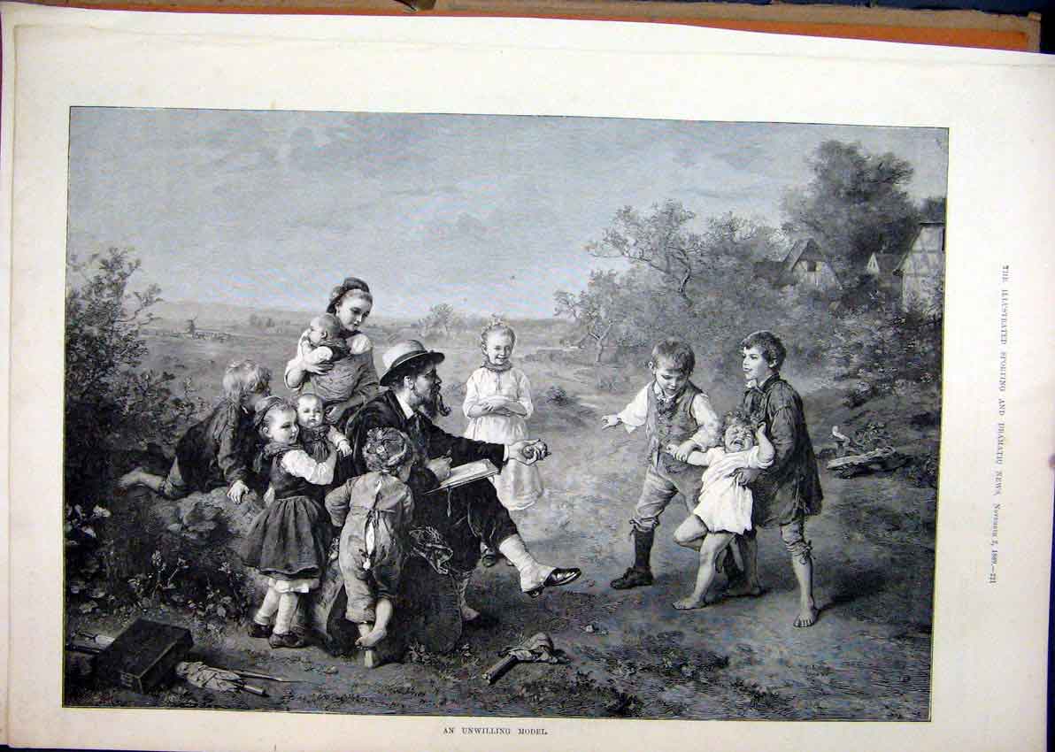 Old Antique Print 1889 Artist Country Scene Children Baby Crying Fine Art 19th