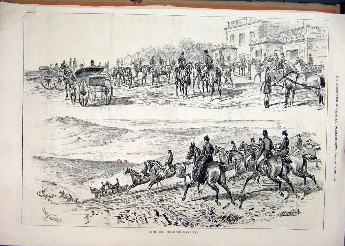 Original Old Antique Print 1877 Brighton Harriers Horses Coach Hotle Dyke Tevern