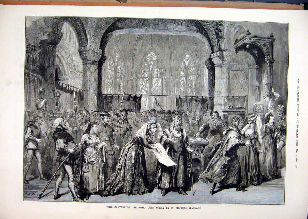 Original Old Antique Print 1884 Scene Caterbury Pilgrims New Opera Stanford 19th