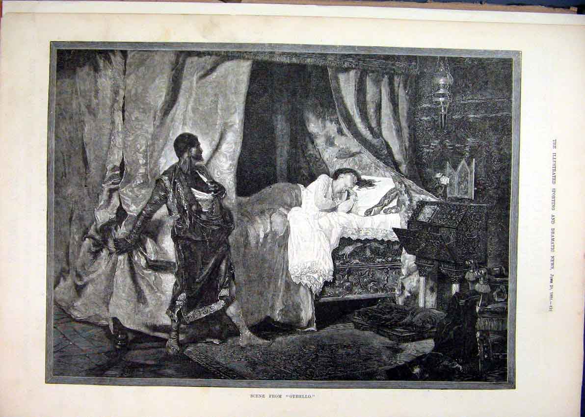 Original Old Antique Print Scene Othello 1884 Woman Bed Man Romance Fine Art