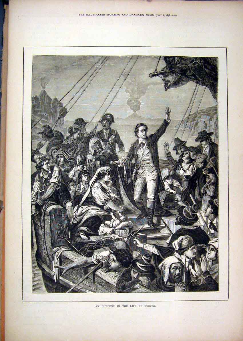 Original Old Antique Print 1878 Ship Scene Incident Life Goethe Family Fine Art