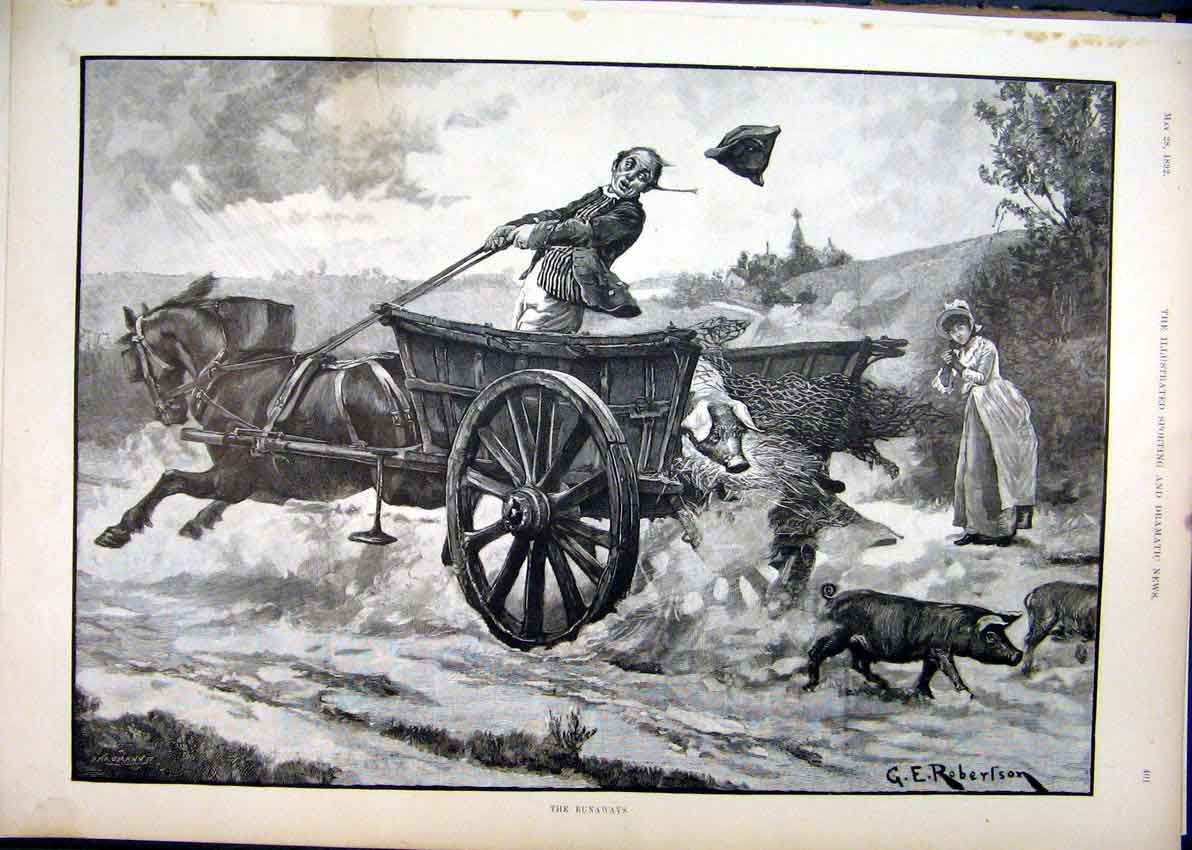 Old Antique Print 1892 Horse Cart Man Pigs Escape Country Scene Fine Art 19th
