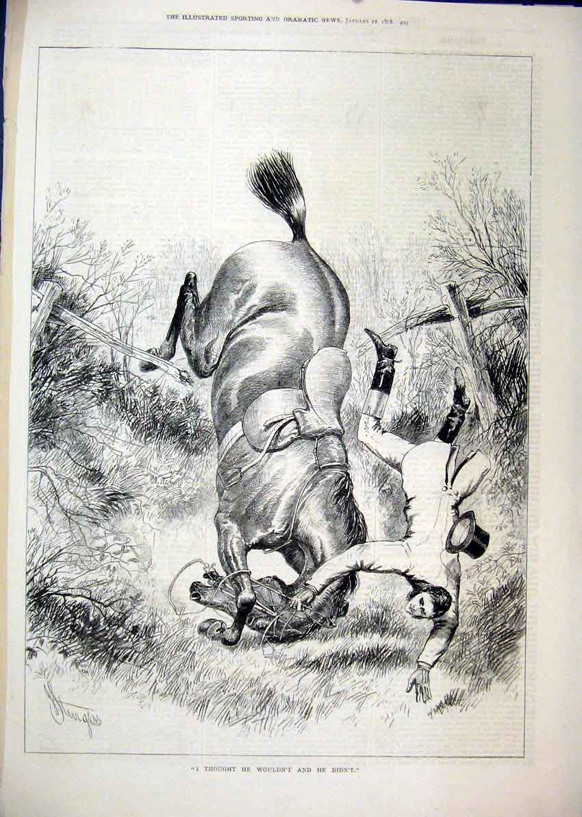 Original Old Antique Print 1878 Horse Jumping Fence Rider Falling Country Scene