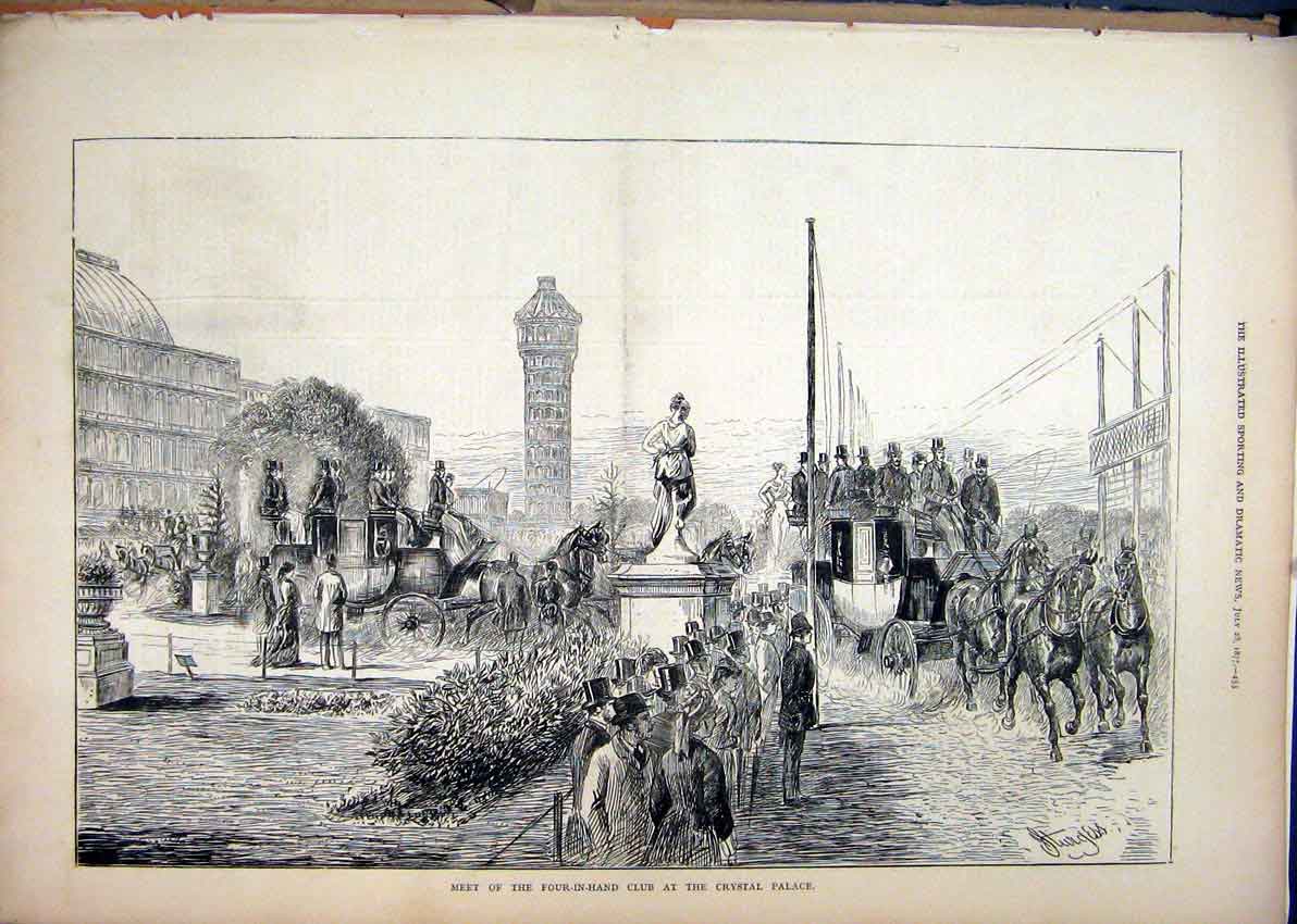 Old Antique Print 1877 Meet Four-In-Hand Club Crystal Palace Horse Coach 19th