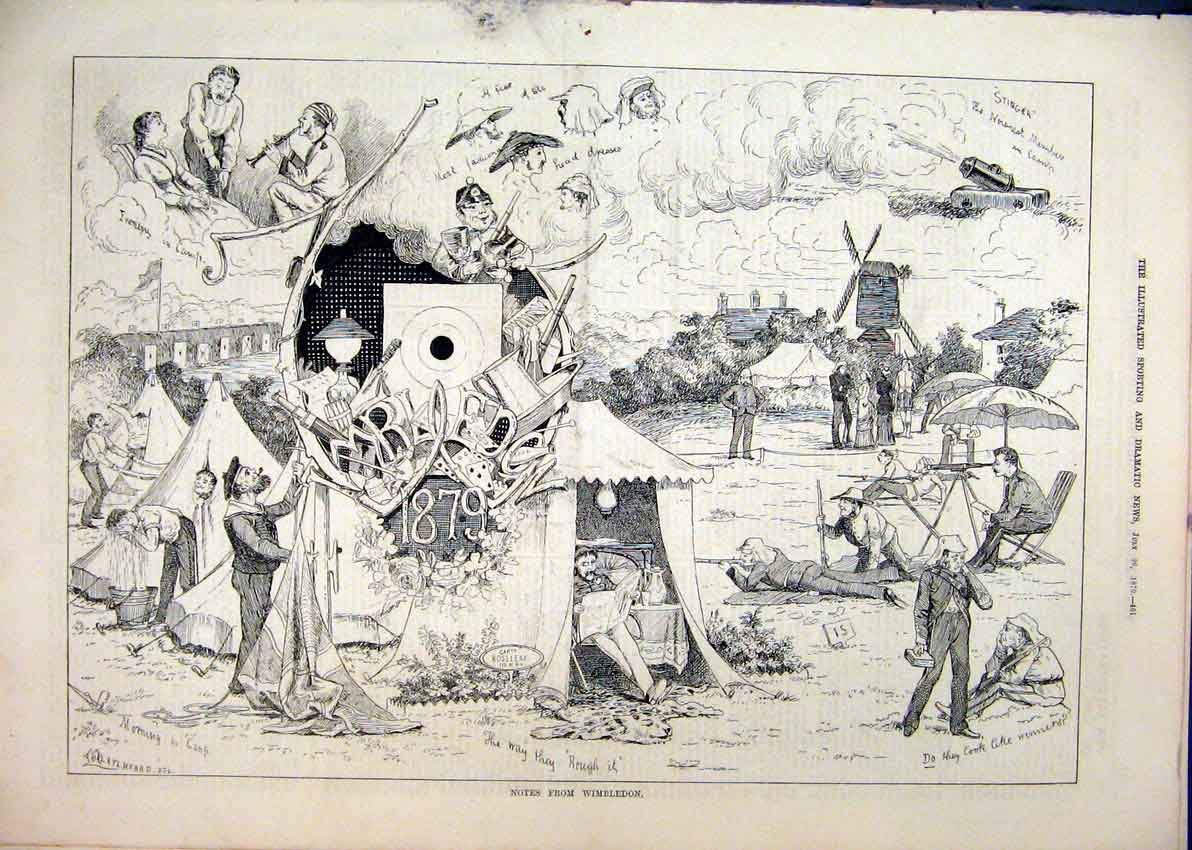 Original Old Antique Print 1879 Wimbledon Men Shooting Tent Music Camp Victorian