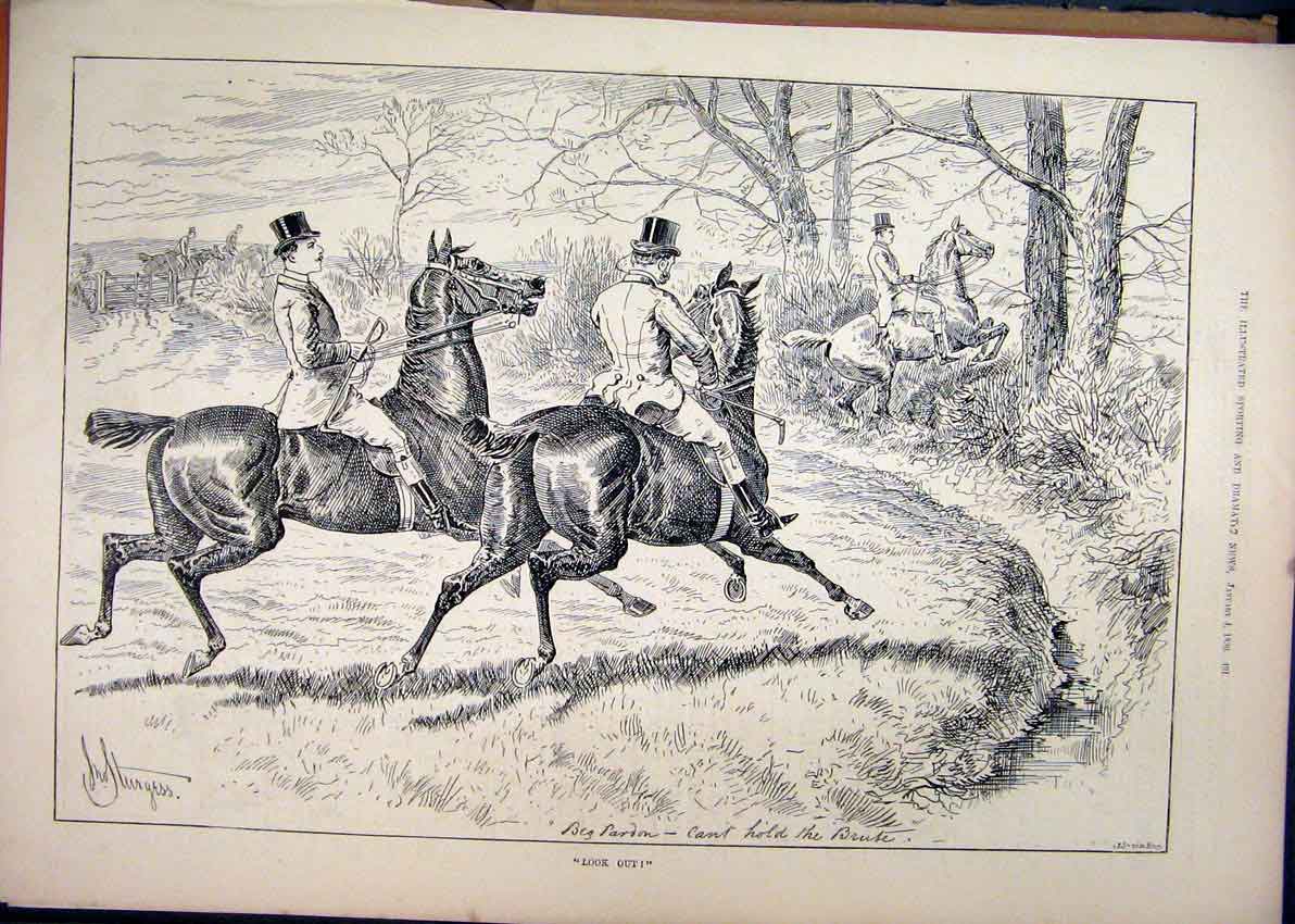 Original Old Antique Print Men Horses 1890 Jumping Ditch Country Scene Victorian