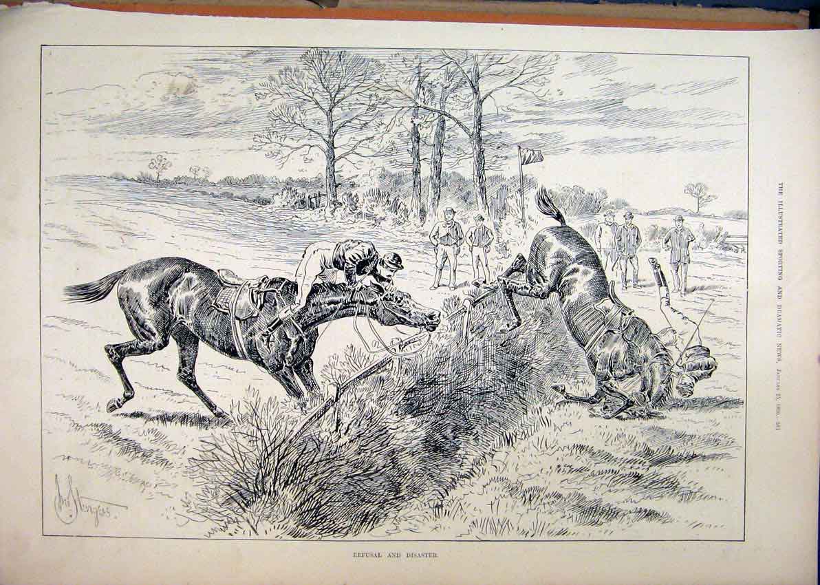 Original Old Antique Print 1890 Horses Jockey Jumping Fence Falling Victorian