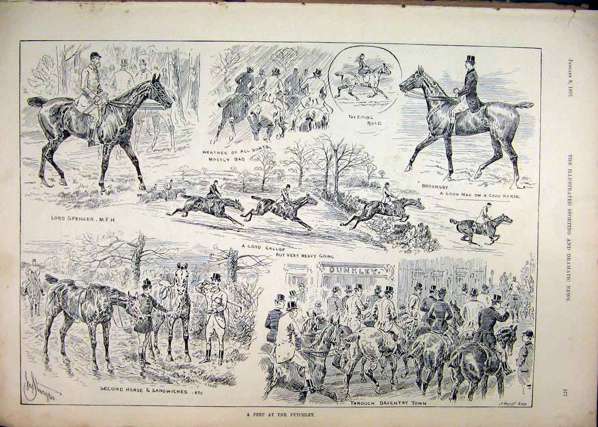 Old Antique Print 1892 Scenes Peep Pytchley Horses Lord Spencer Daventry 19th