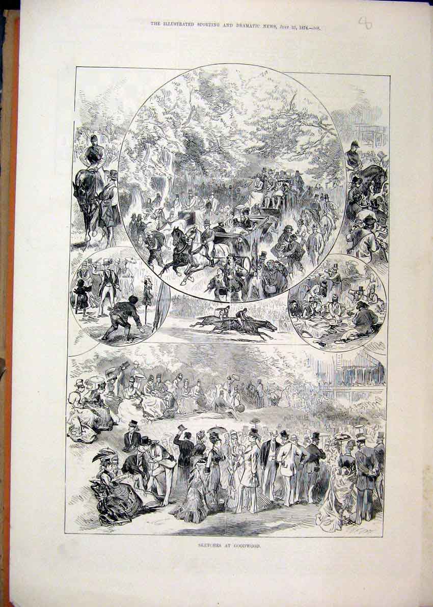 Original Old Antique Print 1874 Sketches Goodwood Horses Carriage Men Women 19th