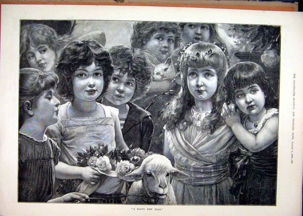 Original Old Antique Print 1890 Happy New Year Lamb Flowers Young Girls 19th