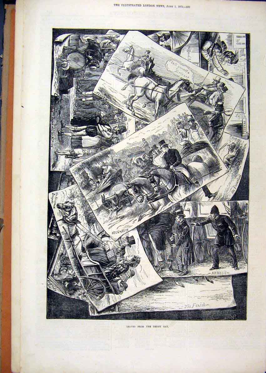 Original Old Antique Print 1872 Scenes Leaves Derby Day Race Horses Coach 19th