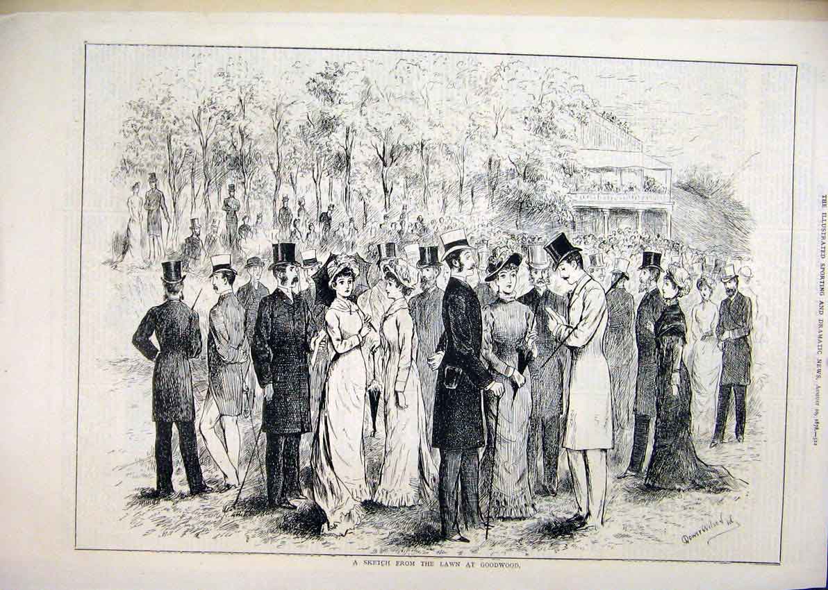 Original Old Antique Print Sketch Lawn Goodwood 1878 Men Women Romance Victorian