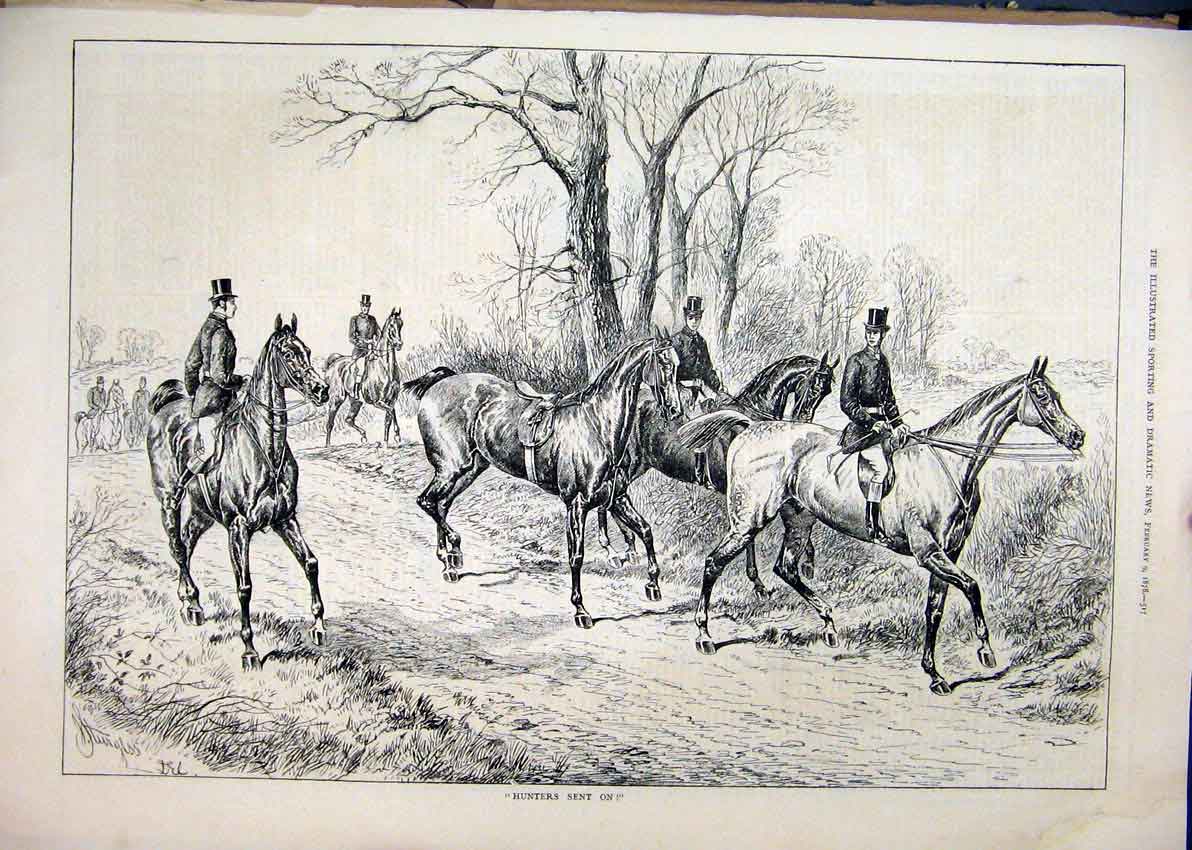 Original Old Antique Print 1878 Horses Hunting Country Lane Trees 19th