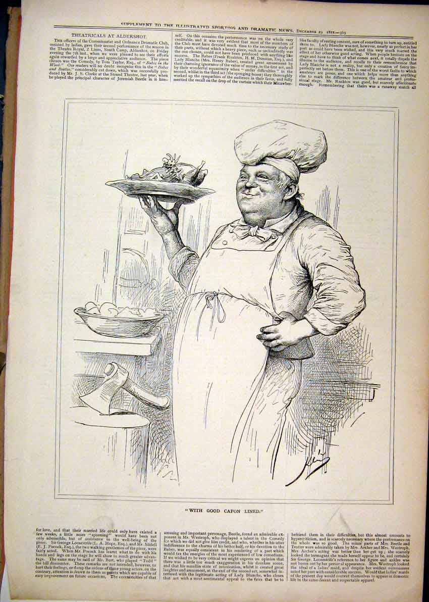 Original Old Antique Print 1877 Portrait Chef Hat Plate Food Axe 19th