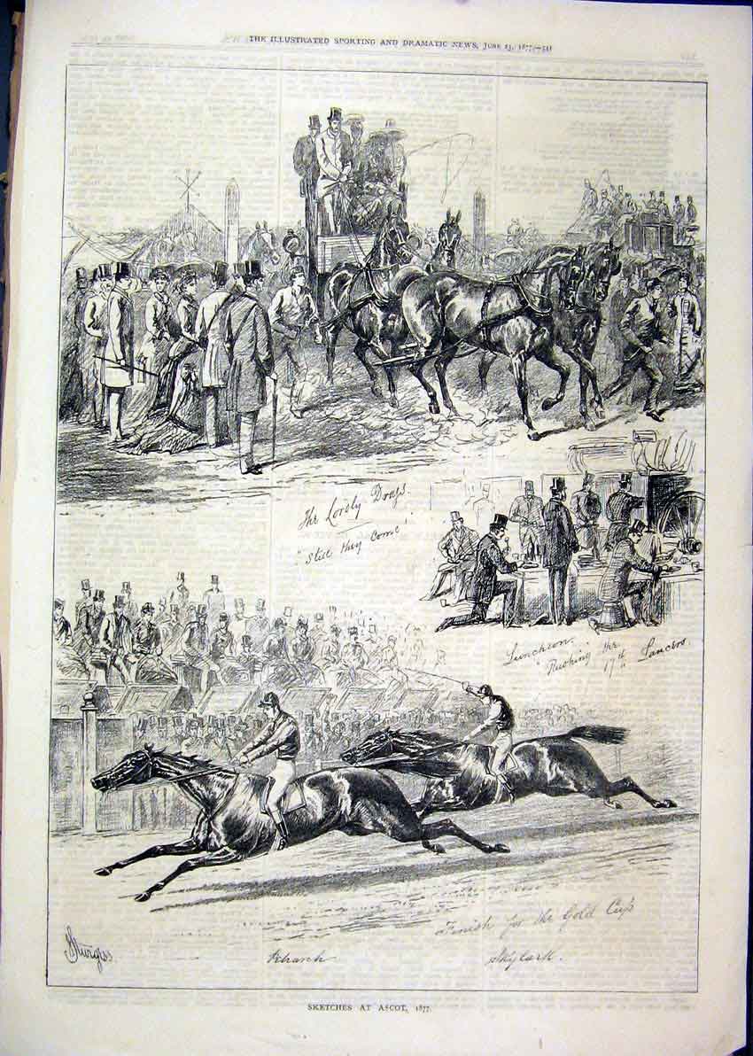 Original Old Antique Print 1877 Sketches Ascot Races Horses Coach 19th