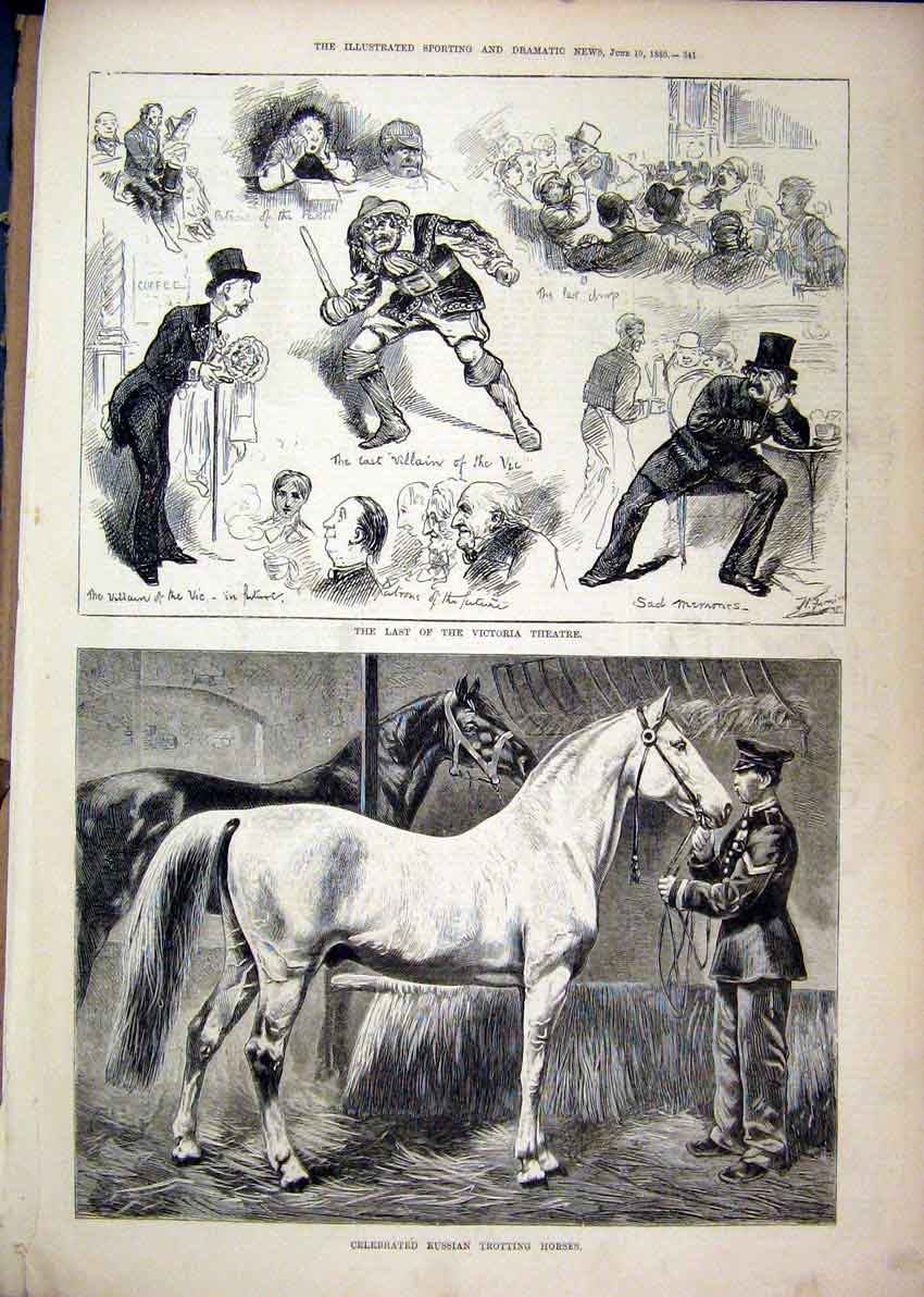 Original Old Antique Print Victoria Theatre Scenes 1880 Russian Trotting Horses