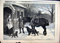 Original Old Antique Print 1883 Snow Scene Boy Horse Dog Hare Bird Woman Door