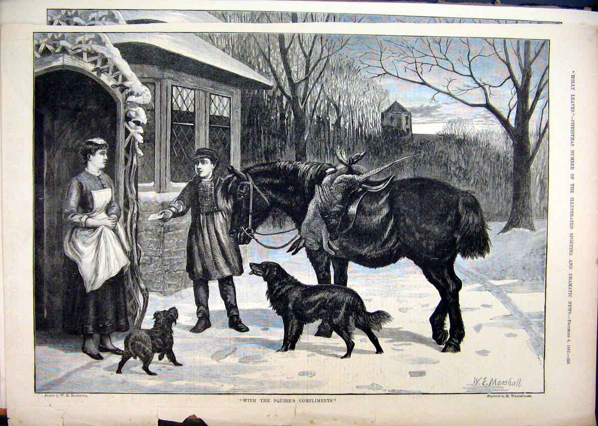 Original Old Antique Print 1883 Snow Scene Boy Horse Dog Hare Bird Woman Door