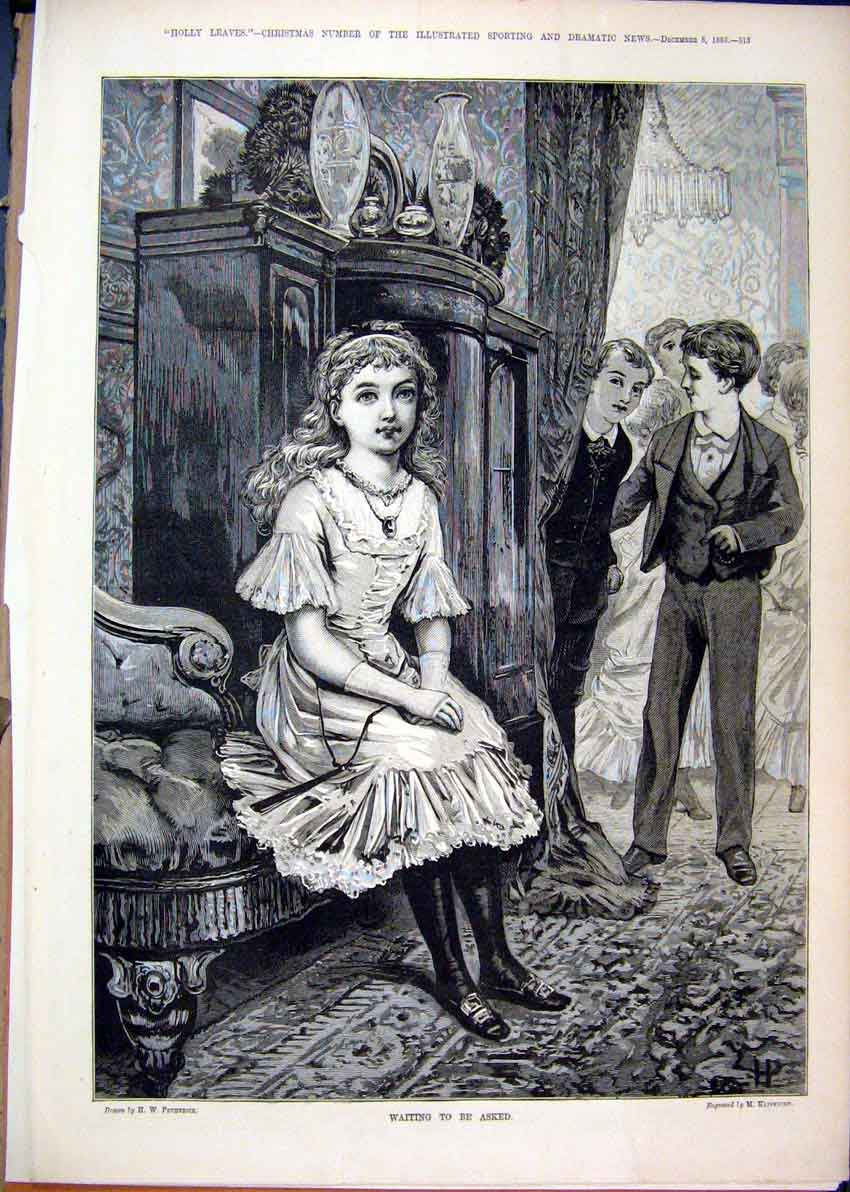 Original Old Antique Print 1883 Young Girl Sitting Chair Boys Hiding Romance