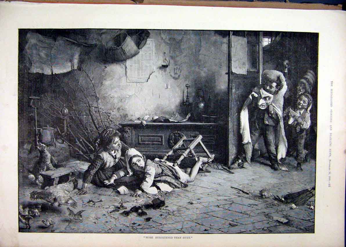Original Old Antique Print 1889 Children Playing Trick Falling Chair Art 19th
