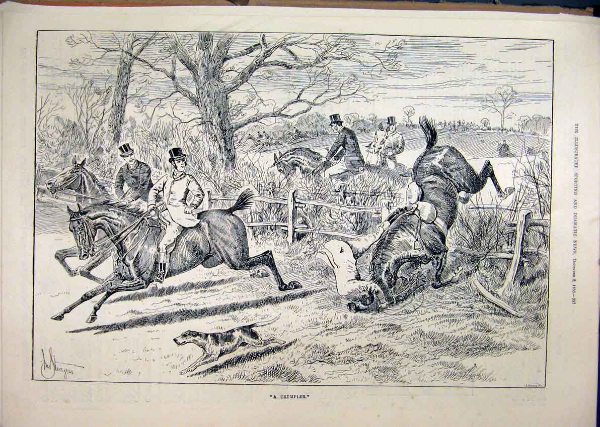 Original Old Antique Print 1888 Horses Hunting Jumping Fence Man Falling Dog