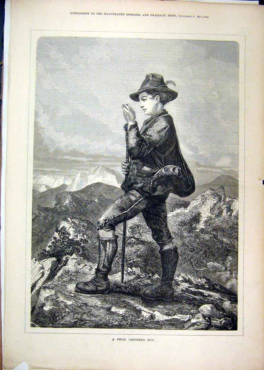 Original Old Antique Print 1877 Swiss Shepherd Boy Hat Stick Mountain Scene 19th