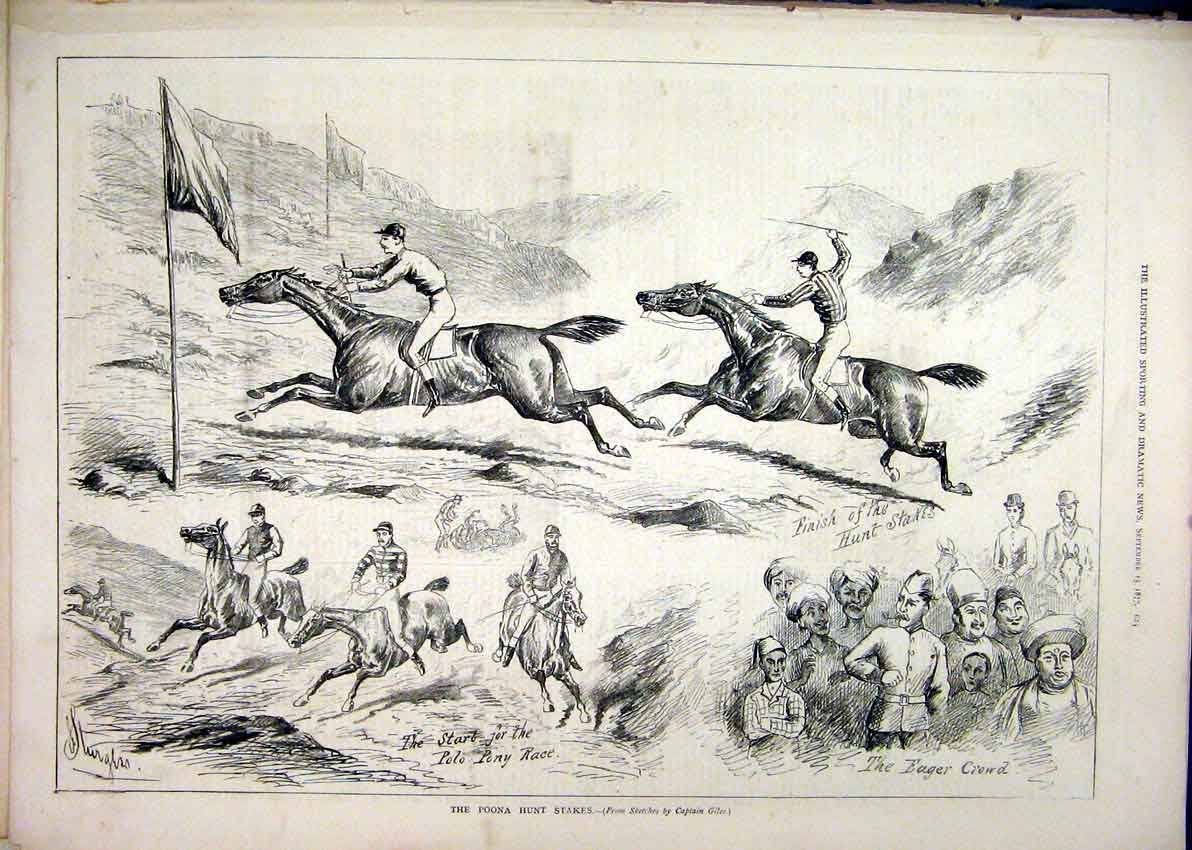 Original Old Antique Print Poona Hunt Stakes 1877 Horses Polo Pony Race 19th