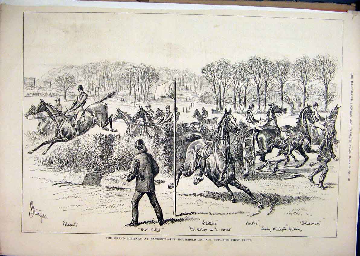 Original Old Antique Print Grand Military Sandown 1878 HousehBrigade Cup Horse