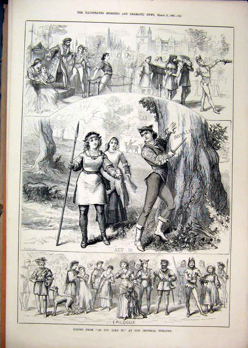 Original Old Antique Print 1880 Scenes As You Like It Imperial Theatre Romance