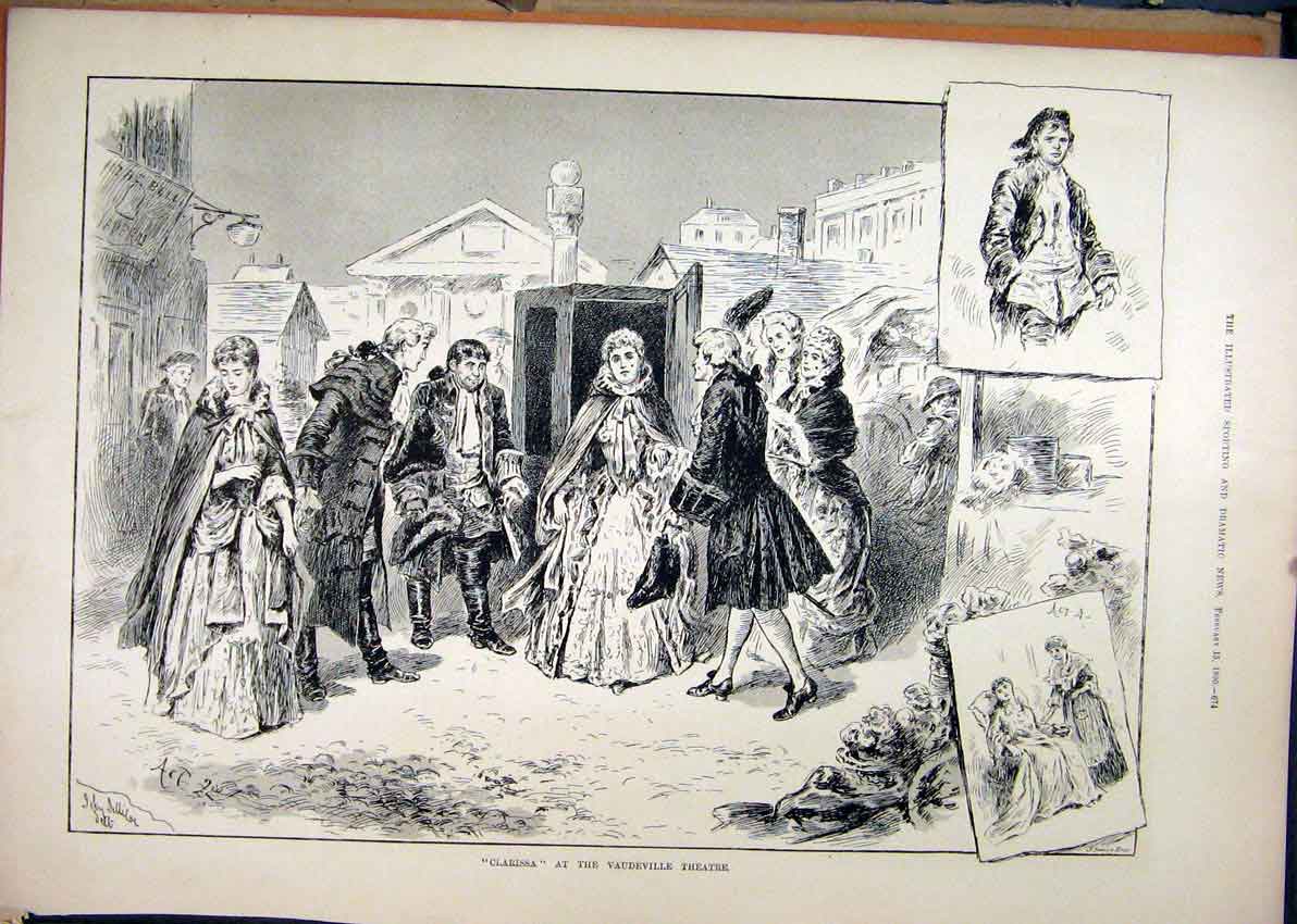 Original Old Antique Print 1890 Clarissa Scene Vaudeville Theatre 19th