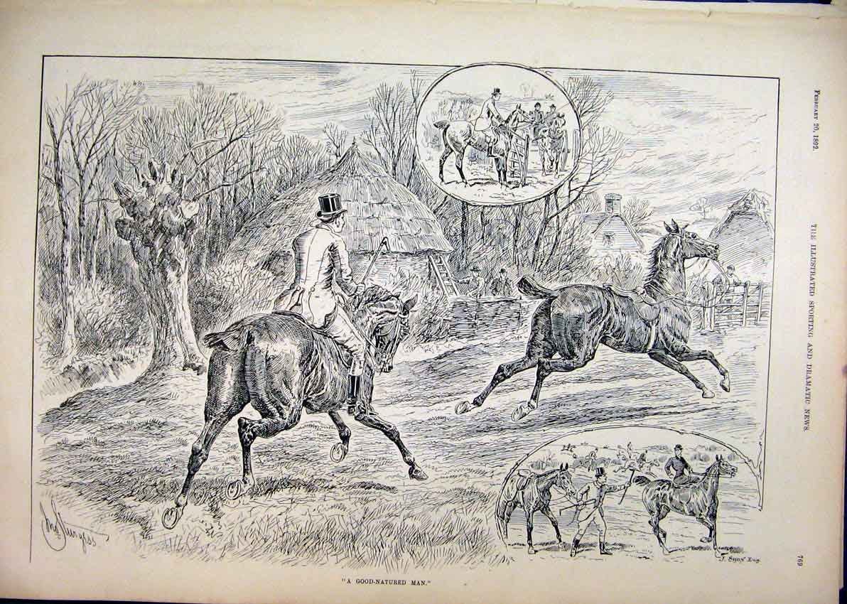 Original Old Antique Print 1892 Man Horse Village Loose Trees Gate Sketch 19th