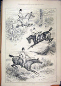 Original Old Antique Print Horse Jumping Fence 1890 Man Falling Ditch Country