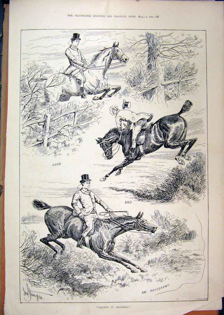 Original Old Antique Print Horse Jumping Fence 1890 Man Falling Ditch Country