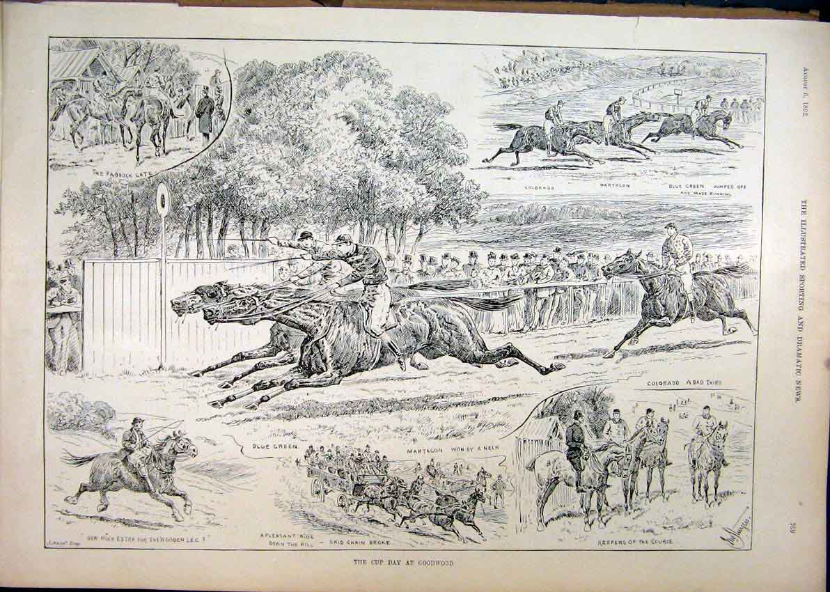 Original Old Antique Print 1892 Cup Goodwood Horse Racing Paddock Carriage 19th