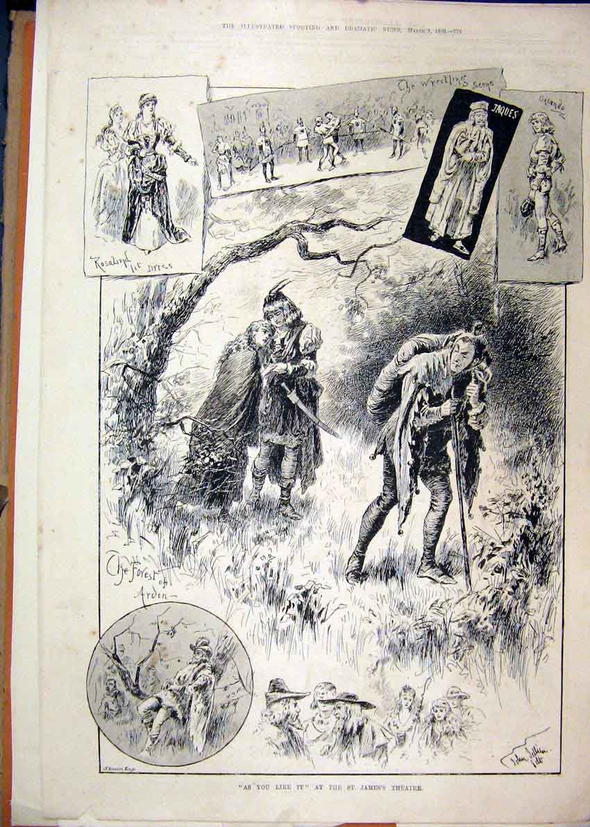 Original Old Antique Print 1890 As You Like It Scenes St. James Theatre Rosalind