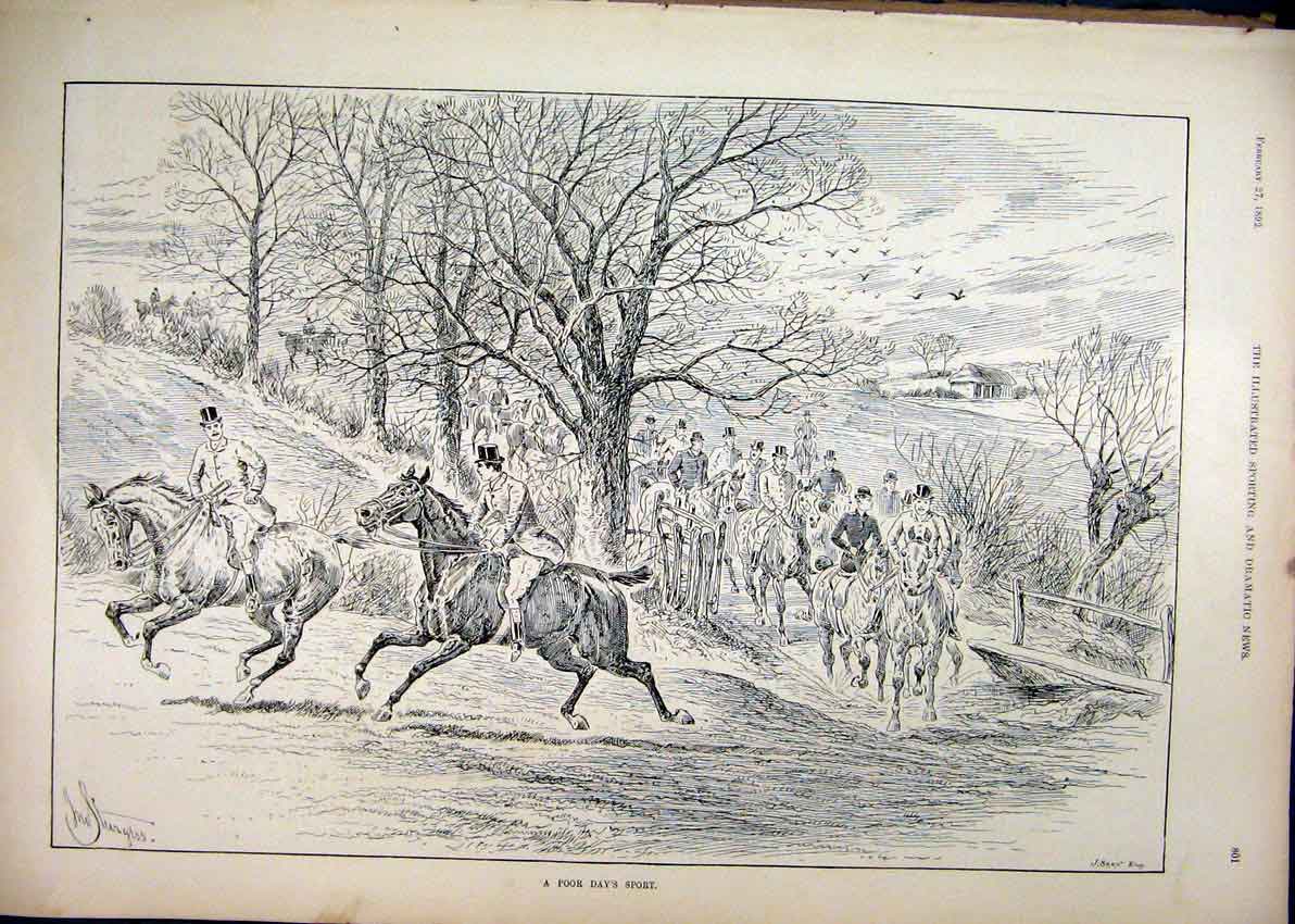 Original Old Antique Print 1892 Sport Hunting Horses Gallop Country Scene 19th